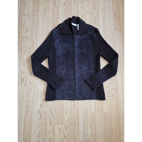 Vintage Faded Glory Brown Knit & Suede Zip-Up Jacket Women's Size L - Picture 1 of 6